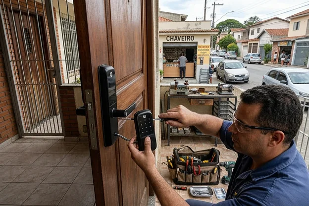 Chaveiro efetuando a instalação de uma fechadura digital em Diadema.
